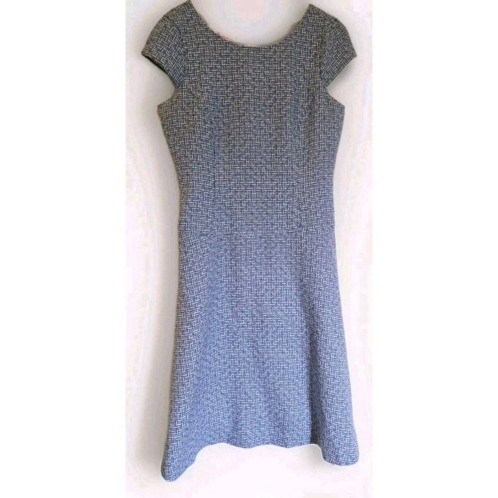 9 & CO Midi Dress Size 6 Blue White Tweed Fit And Flare A Line Cap Sleeve Spring